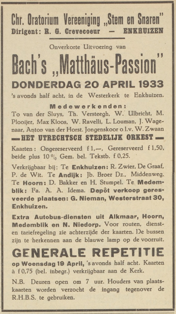Oratoriumvereniging Stem en Snaren in Enkhuizen